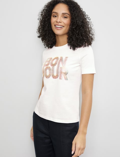 GERRY WEBER Damen Nachhaltiges T-Shirt mit Wording-Print 64cm Kurzarm Rundhals Baumwolle Weiss von Gerry Weber