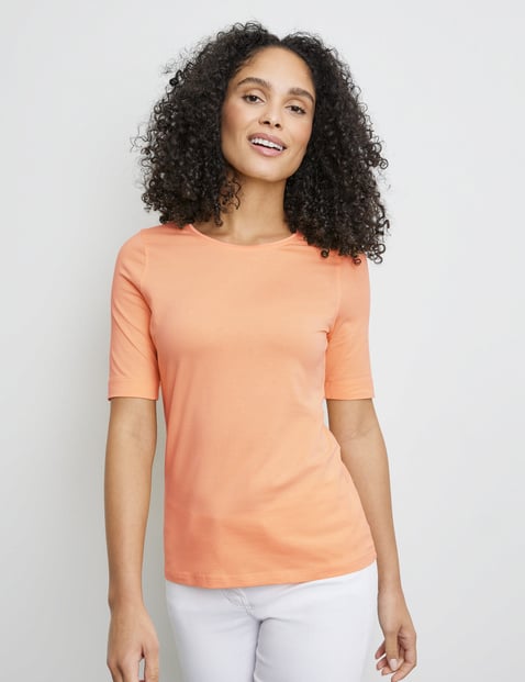 GERRY WEBER Damen Nachhaltiges T-Shirt mit satiniertem Ausschnitt 64cm Kurzarm Rundhals Baumwolle Orange von Gerry Weber