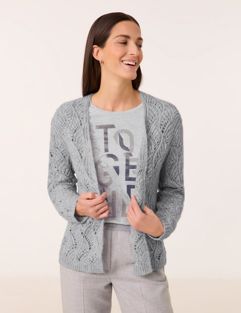 GERRY WEBER Damen Offene Strickjacke in Ajour-Strick 60cm Langarm Ohne Kragen, Grau von Gerry Weber