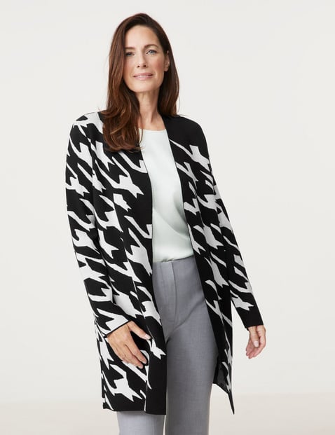 GERRY WEBER Damen Offener Longcardigan in Jacquard-Strick 88cm Langarm Ohne Kragen Viskose Schwarz kariert von Gerry Weber