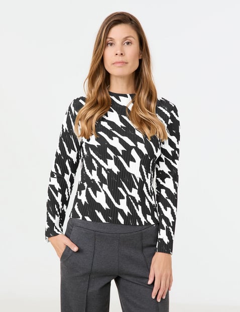 GERRY WEBER Damen Plissiertes Langarmshirt mit Stehkragen 58cm Schwarz gemustert von Gerry Weber