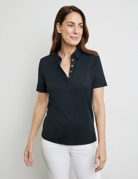 GERRY WEBER Damen Poloshirt aus Baumwolle 64cm Kurzarm Polokragen Blau von Gerry Weber