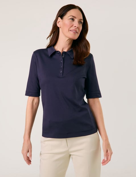 GERRY WEBER Damen Poloshirt aus reiner Baumwolle 64 cm Poloshirts Polokragen Halber Arm unifarben Blau von Gerry Weber