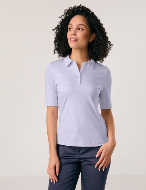 GERRY WEBER Damen Poloshirt aus reiner Baumwolle 64 cm Poloshirts Polokragen Halber Arm unifarben Blau von Gerry Weber