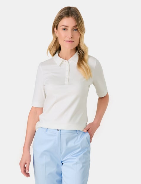 GERRY WEBER Damen Poloshirt aus reiner Baumwolle 64 cm Poloshirts Polokragen Halber Arm unifarben Weiss von Gerry Weber