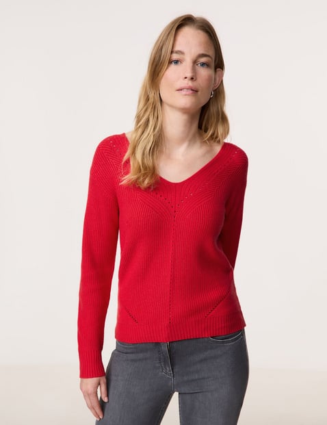 GERRY WEBER Damen Pullover mit Ajour-Details Langarm V-Ausschnitt Viskose Rot von Gerry Weber