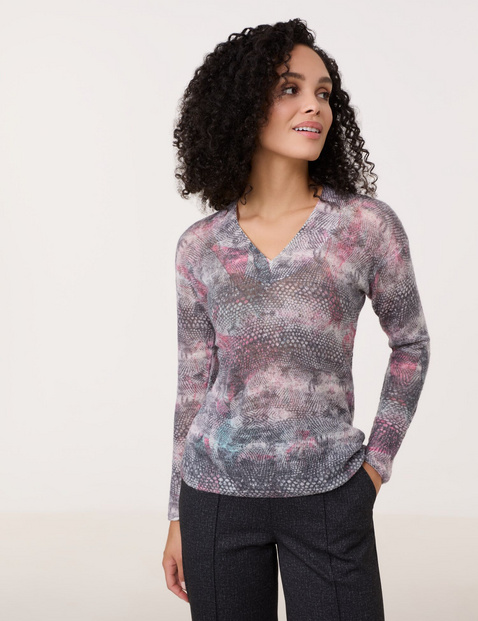 GERRY WEBER Damen Pullover mit Allover-Muster Langarm V-Ausschnitt Polyacryl, Mehrfarbig gemustert von Gerry Weber