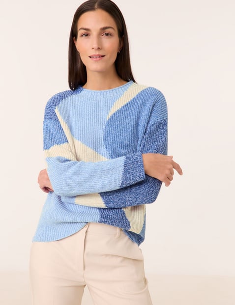 GERRY WEBER Damen Pullover mit Intarsien-Strick Langarm Rundhals, Blau gemustert von Gerry Weber