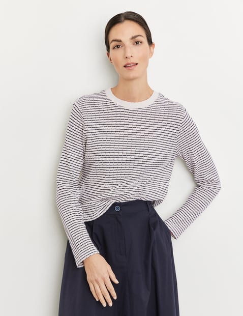 GERRY WEBER Damen Pullover mit Ringelmuster und Struktur Langarm Rundhals Baumwolle Blau gestreift von Gerry Weber