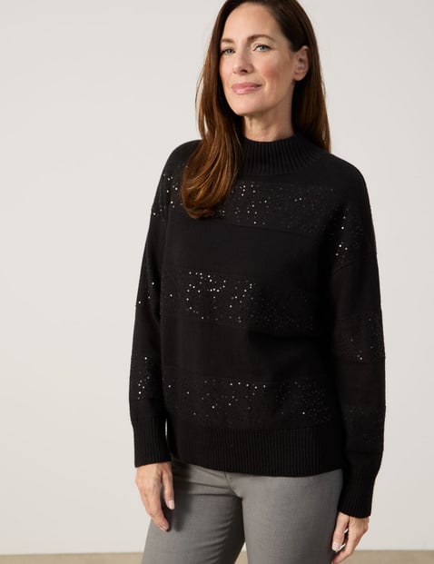 GERRY WEBER Damen Pullover mit Turtleneck und Dekor Langarm Baumwolle Schwarz von Gerry Weber