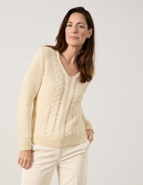 GERRY WEBER Damen Pullover mit Zopfmuster Langarm V-Ausschnitt Baumwolle Beige von Gerry Weber