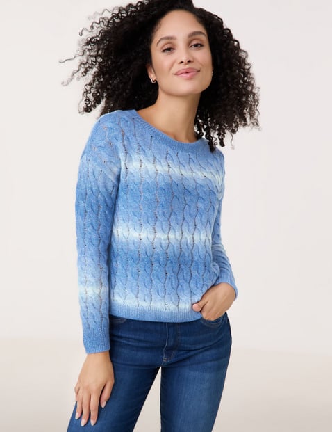 GERRY WEBER Damen Pullover mit Zopfmuster und Farbverlauf Langarm Rundhals Polyacryl Blau von Gerry Weber