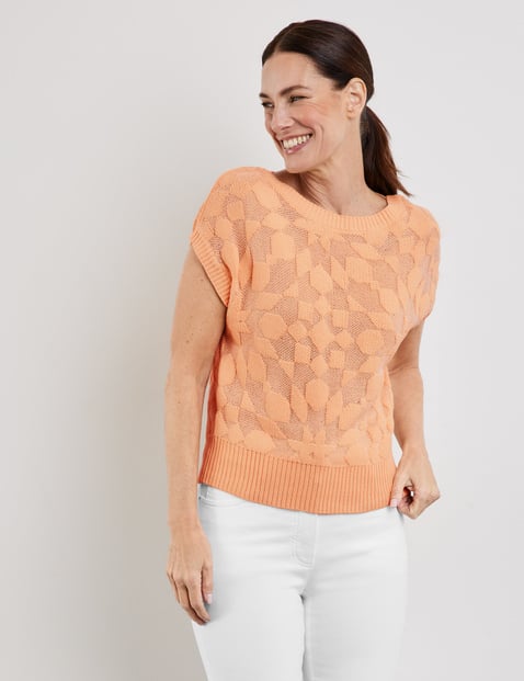 GERRY WEBER Damen Pullunder mit Strickmuster 54cm Kurzarm Rundhals Baumwolle Orange von Gerry Weber