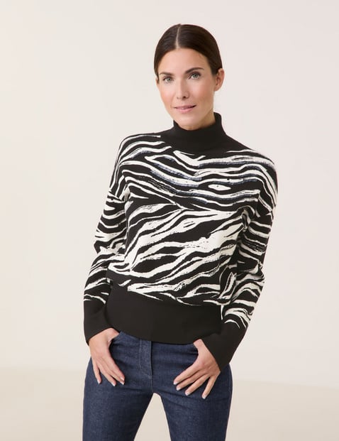 GERRY WEBER Damen Rollkragenpullover mit Animal-Print Langarm Viskose Schwarz gemustert von Gerry Weber