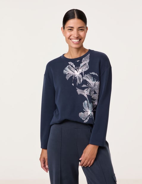 GERRY WEBER Damen Sandywashed Langarmshirt mit Frontprint 62cm Rundhals Modal Blau von Gerry Weber