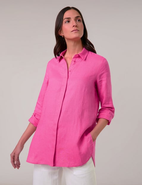 GERRY WEBER Damen Schlichte Longbluse aus reinem Leinen 78 cm Hemdkragen Langarm unifarben Pink von Gerry Weber