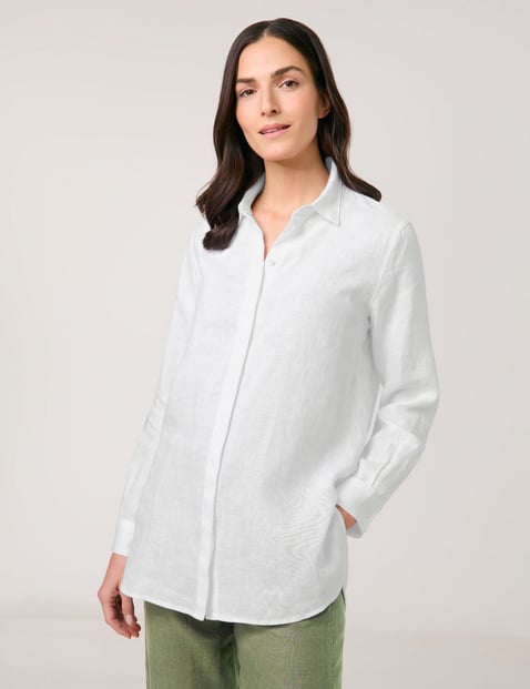 GERRY WEBER Damen Schlichte Longbluse aus reinem Leinen 78 cm Hemdkragen Langarm unifarben Weiss von Gerry Weber