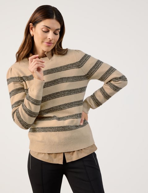 GERRY WEBER Damen Softer Strickpullover aus Woll-Mix Langarm Rundhals Polyamid Beige gestreift von Gerry Weber