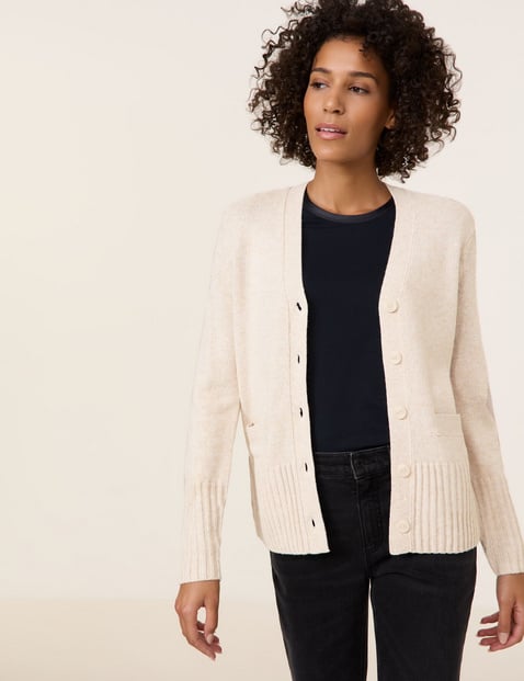 GERRY WEBER Damen Strickjacke mit Wollanteil Breite Rippenbündchen|Langarm Polyamid, Beige von Gerry Weber