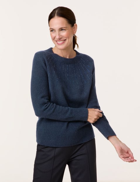 GERRY WEBER Damen Strickpullover mit Ziersteinchen Langarm Rundhals Blau von Gerry Weber