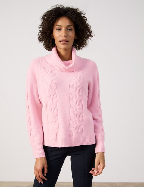 GERRY WEBER Damen Strickpullover mit Zopfmuster Langarm Rollkragen Polyamid Pink von Gerry Weber