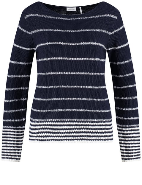 GERRY WEBER Damen Struktur-Pullover mit Streifen-Dessin Langarm Baumwolle, Blau von Gerry Weber