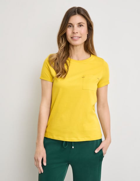 GERRY WEBER Damen T-Shirt aus Baumwolle mit Ziersteinchen 64 cm Rundhals Kurzarm unifarben Gelb von Gerry Weber