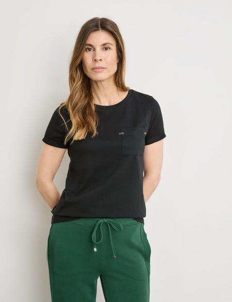 GERRY WEBER Damen T-Shirt aus Baumwolle mit Ziersteinchen 64cm Kurzarm Rundhals Schwarz von Gerry Weber