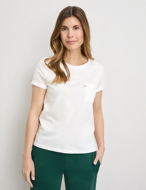 GERRY WEBER Damen T-Shirt aus Baumwolle mit Ziersteinchen 64cm Kurzarm Rundhals Weiss von Gerry Weber