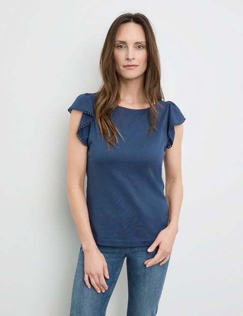 GERRY WEBER Damen T-Shirt mit Ärmelvolant 60cm Kurzarm Rundhals Baumwolle Blau von Gerry Weber