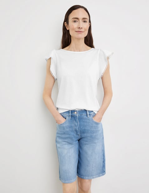 GERRY WEBER Damen Kurzarmshirt mit Ärmelvolant Baumwolle 60 cm Shirt Rundhals unifarben Weiss von Gerry Weber