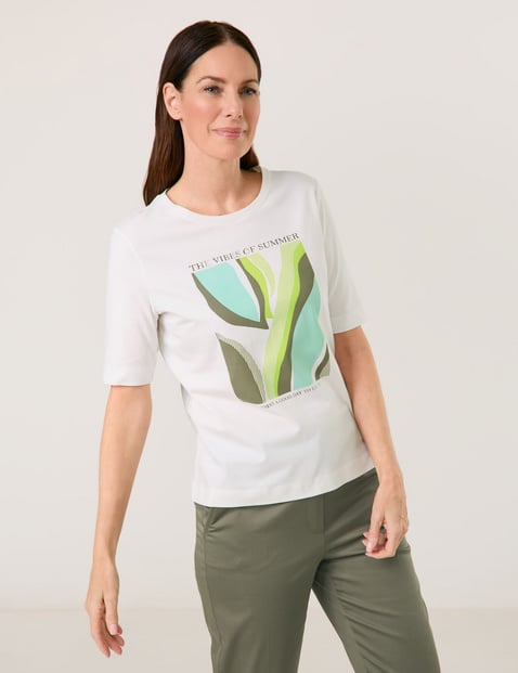 GERRY WEBER Damen T-Shirt mit Frontprint und Wording Baumwolle 62 cm Rundhals Halber Arm unifarben Weiss von Gerry Weber