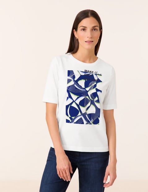 GERRY WEBER Damen T-Shirt mit Frontprint und Wording Baumwolle 64 cm Rundhals Halber Arm unifarben Weiss von Gerry Weber