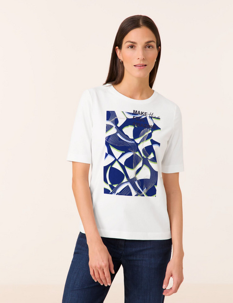 GERRY WEBER Damen T-Shirt mit Frontprint und Wording Baumwolle 64 cm Rundhals Halber Arm unifarben Weiss von Gerry Weber