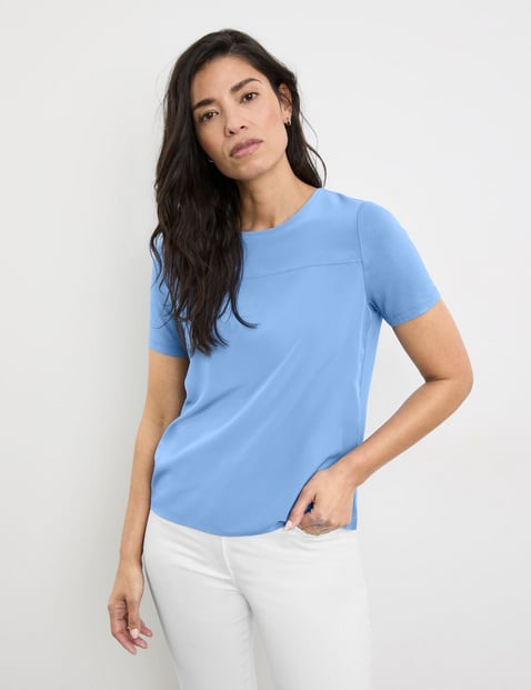 GERRY WEBER Damen T-Shirt mit Material-Patch 62cm Kurzarm Rundhals Viskose Blau von Gerry Weber