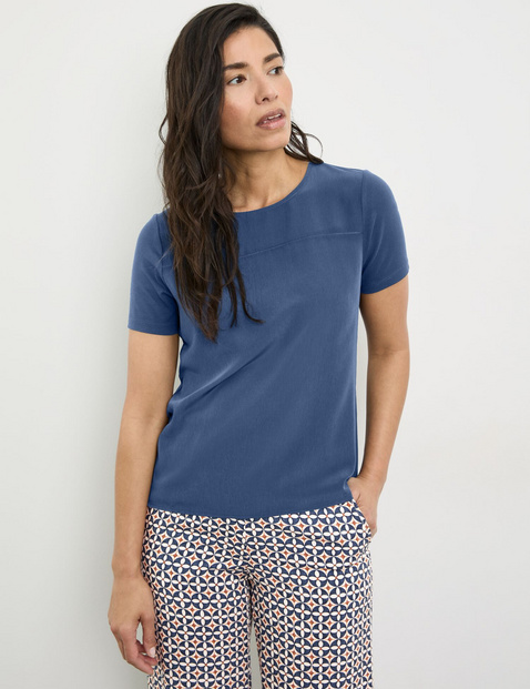 GERRY WEBER Damen T-Shirt mit Material-Patch 62cm Kurzarm Rundhals Viskose Blau von Gerry Weber