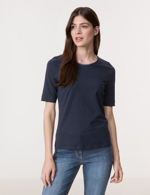 GERRY WEBER Damen T-Shirt mit Satinblende 64cm Halber Arm Rundhals Baumwolle Blau von Gerry Weber