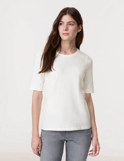 GERRY WEBER Damen T-Shirt mit Satinblende 64cm Halber Arm Rundhals Baumwolle Weiss von Gerry Weber