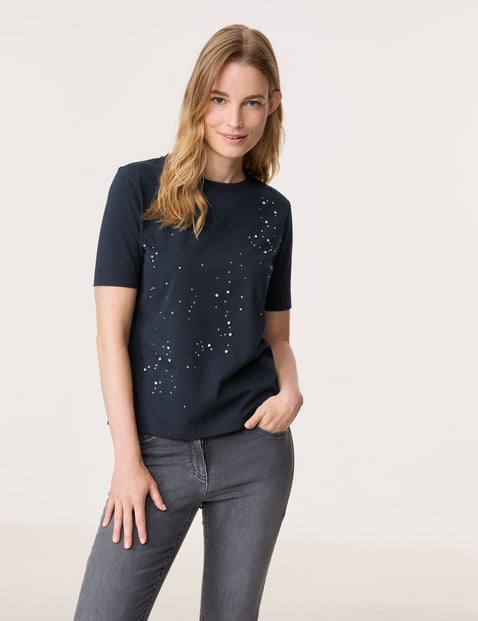 GERRY WEBER Damen T-Shirt mit Steinchendekor 62cm Kurzarm Rundhals Baumwolle Blau von Gerry Weber