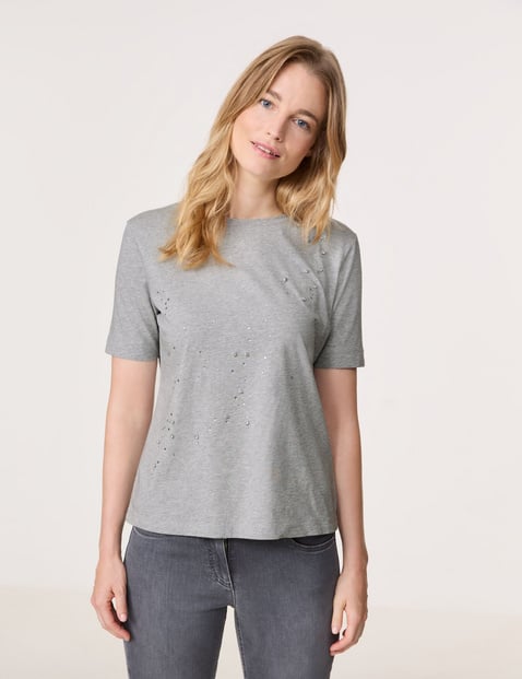 GERRY WEBER Damen T-Shirt mit Steinchendekor 62cm Kurzarm Rundhals Baumwolle, Grau von Gerry Weber