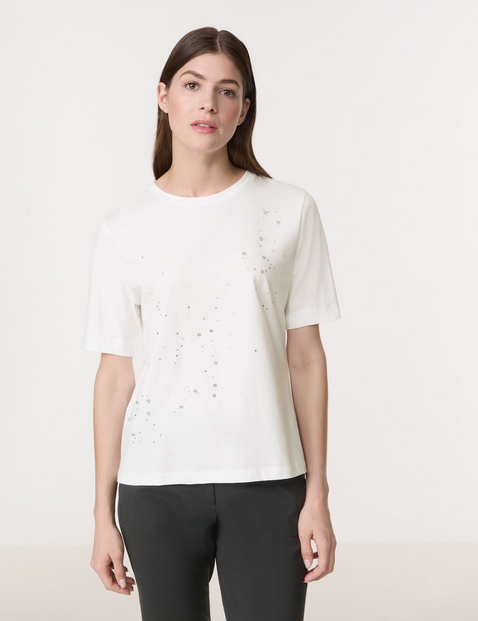 GERRY WEBER Damen T-Shirt mit Steinchendekor 62cm Kurzarm Rundhals Baumwolle Weiss von Gerry Weber