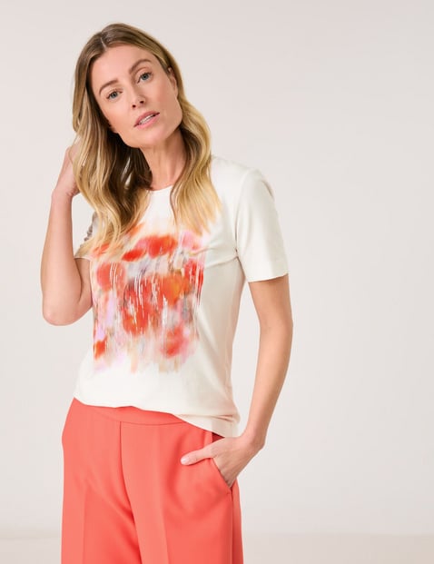 GERRY WEBER Damen T-Shirt mit abstraktem Frontprint Baumwolle 62 cm Rundhals Kurzarm unifarben Mehrfarbig von Gerry Weber