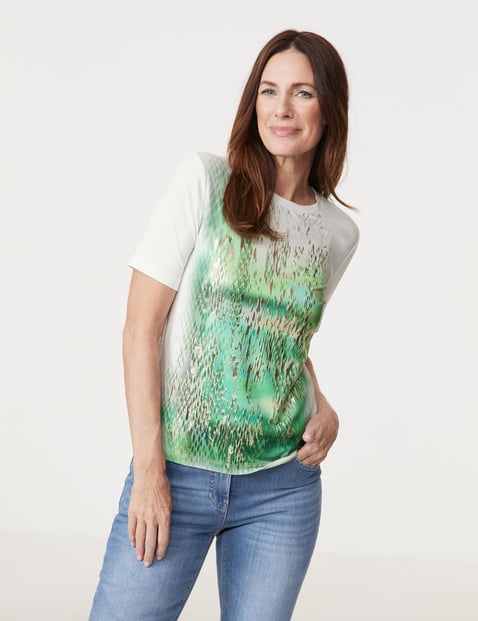 GERRY WEBER Damen T-Shirt mit abstraktem Frontprint 62cm Kurzarm Rundhals Modal Grün von Gerry Weber