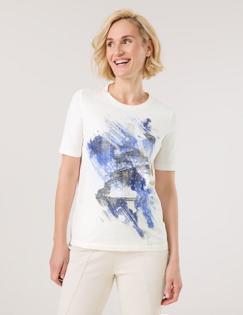 GERRY WEBER Damen T-Shirt mit abstraktem Frontprint Baumwolle 64 cm Rundhals Kurzarm unifarben Weiss von Gerry Weber