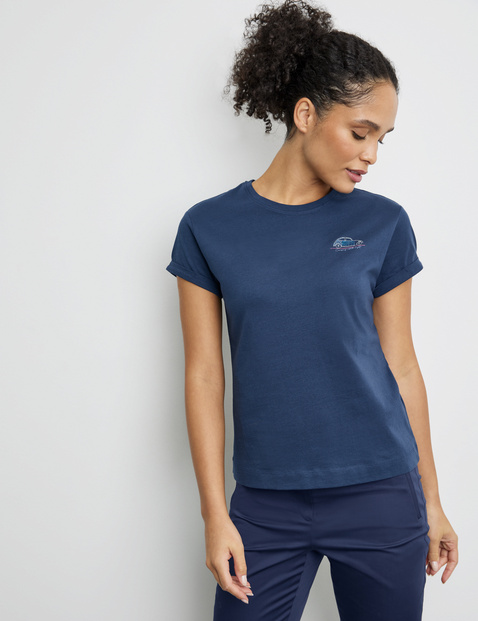 GERRY WEBER Damen T-Shirt mit kleiner Stickerei 64cm Kurzarm Rundhals Baumwolle Blau von Gerry Weber