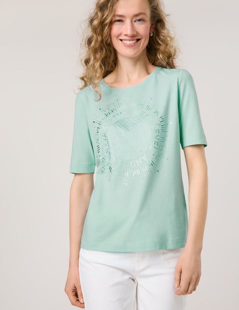 GERRY WEBER Damen T-Shirt mit platziertem Frontprint Baumwolle 62 cm Rundhals Halber Arm unifarben Blau von Gerry Weber