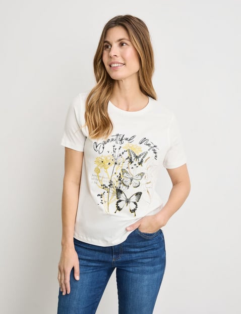 GERRY WEBER Damen T-Shirt mit platziertem Frontprint 64cm Kurzarm Rundhals Baumwolle Weiss von Gerry Weber