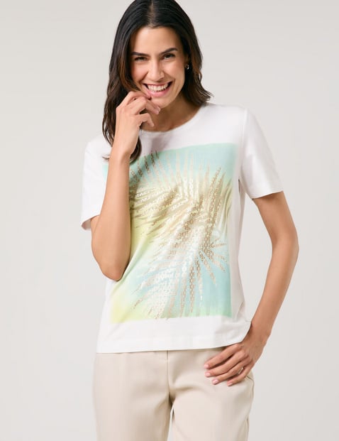 GERRY WEBER Damen T-Shirt mit schimmerndem Frontprint Baumwolle 62 cm Rundhals Kurzarm unifarben Mehrfarbig von Gerry Weber