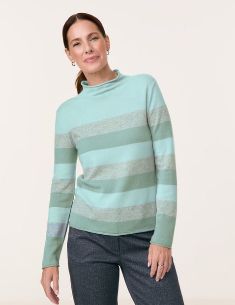 GERRY WEBER Damen Wollpullover mit Blockstreifen Langarm Turtleneck Wolle Grün von Gerry Weber