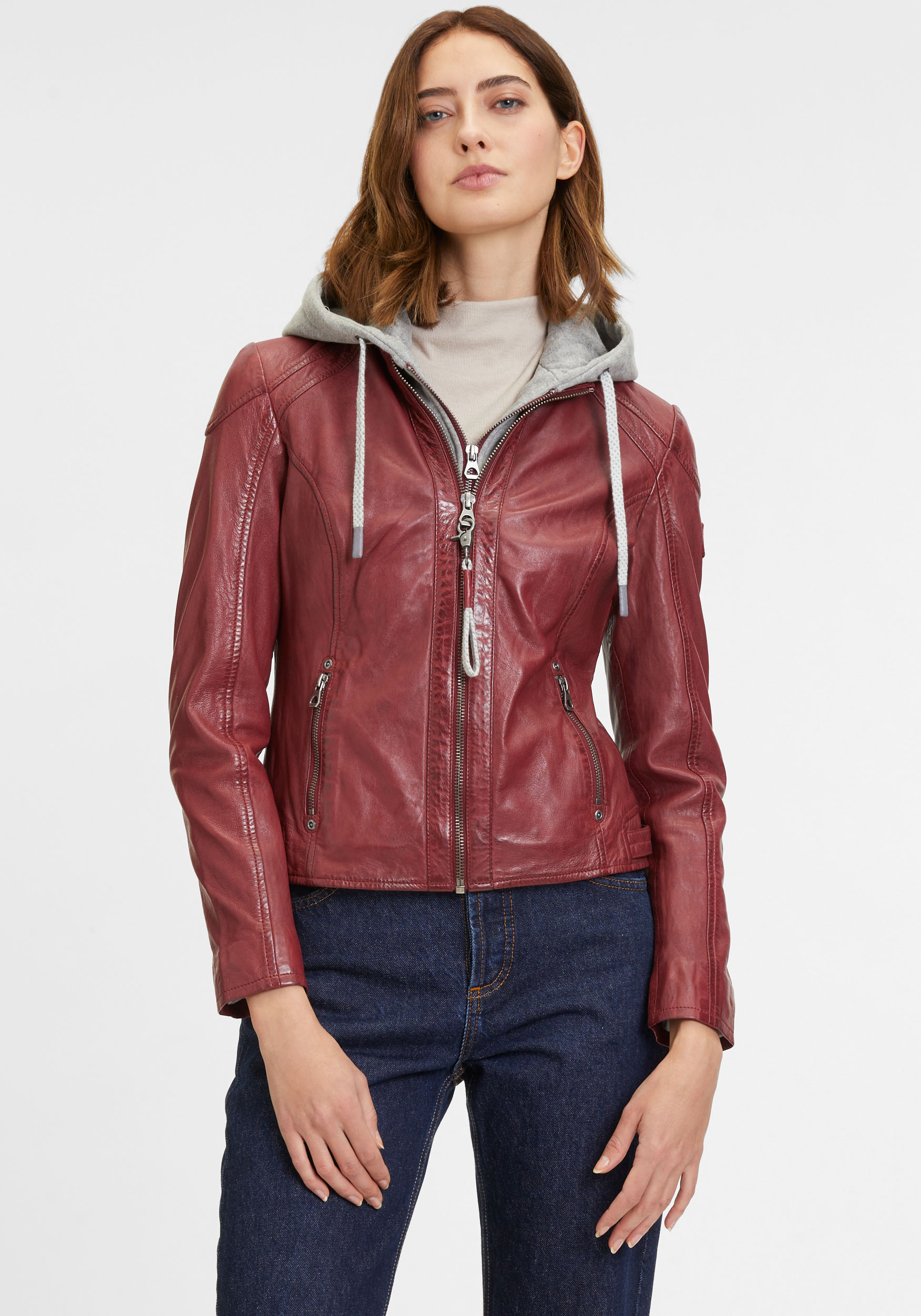 Mauritius Lederjacke »GWAlice«, mit Kapuze, mit Reissverschlusstaschen, Ziernähte, Kapuzeneinsatz Mauritius Lederjacke »GWAlice«, mit Kapuze, mit Reissverschlusstaschen, Ziernähte, Kapuzeneinsatz von Mauritius
